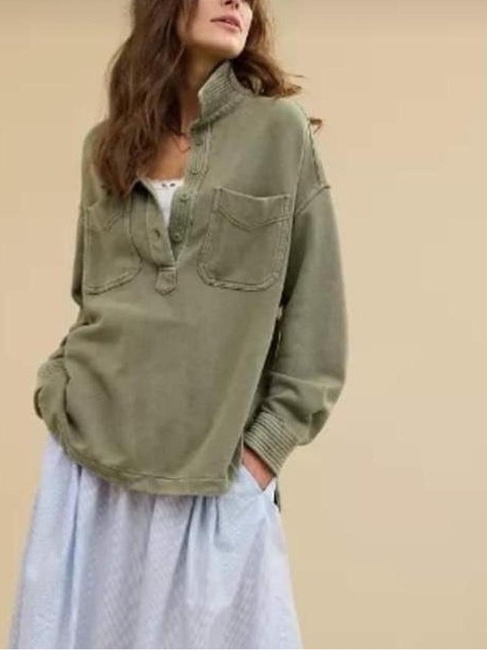 AERIE Olive Green Pullover Sweatshirt Sweater Boho Cardigan American Eagle XL